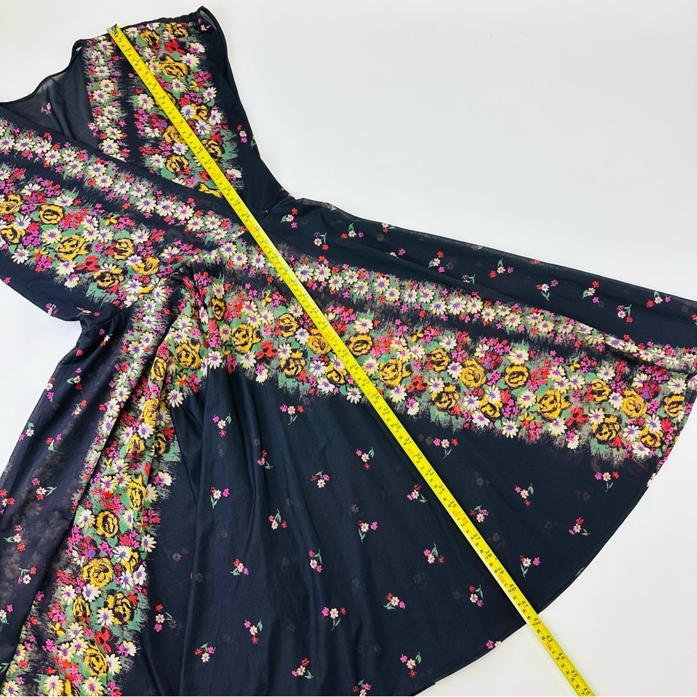 Vintage 80s floral midi dress black full skirt semi sheer Small Retro - Picture 6 of 9